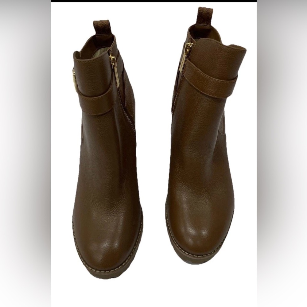 MK WOMEN’s PY211 TAN LEATHER  STACKED HEELS  ANKLE BOITS 8.5